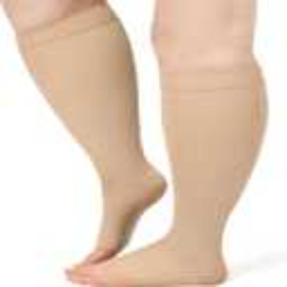 Plus Size Compression Socks 20-30 mmhg-Wide Calf, Open Toe, Beige XXL